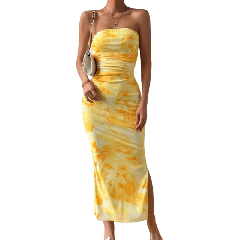 Floral Print Strapless Ruched High Split Bodycon Maxi Dress