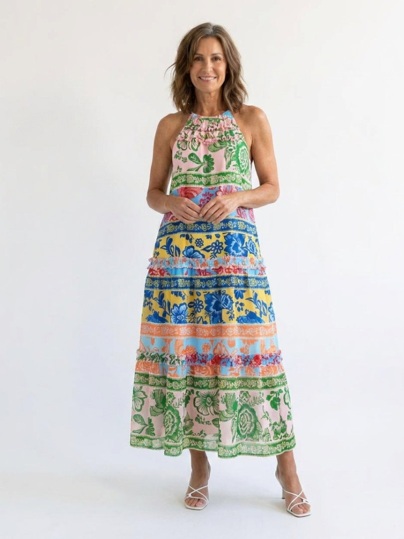 Floral Border Print Halter Neck Tiered Maxi Dress