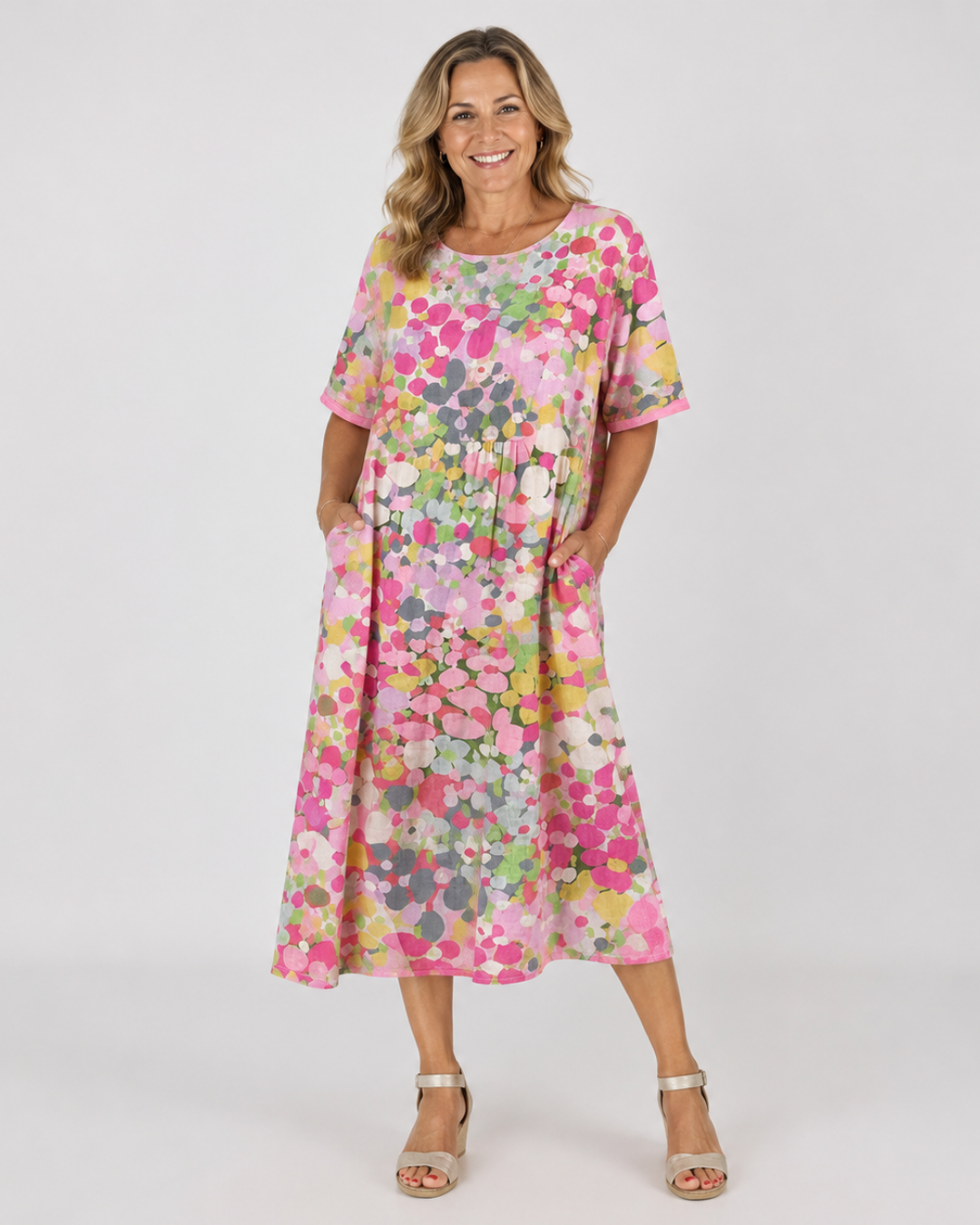 Floral Dot Print Round Neck Short Sleeve Midi Dress 4
