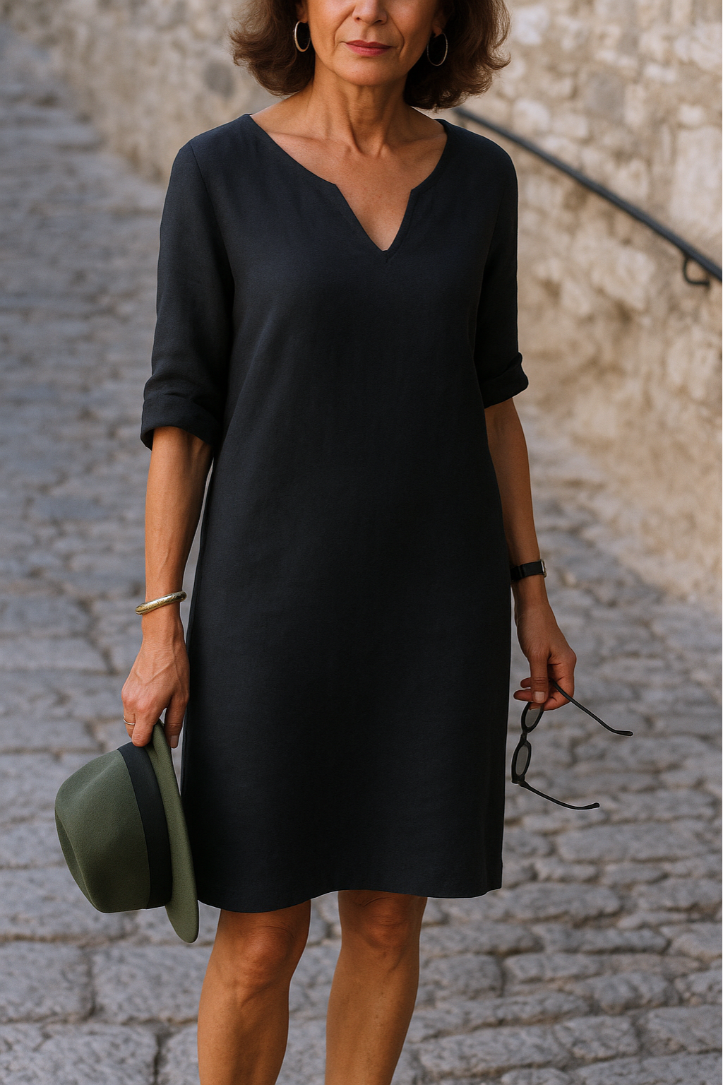 Split Neck Roll Sleeve Linen Look Shift Midi Dress 7