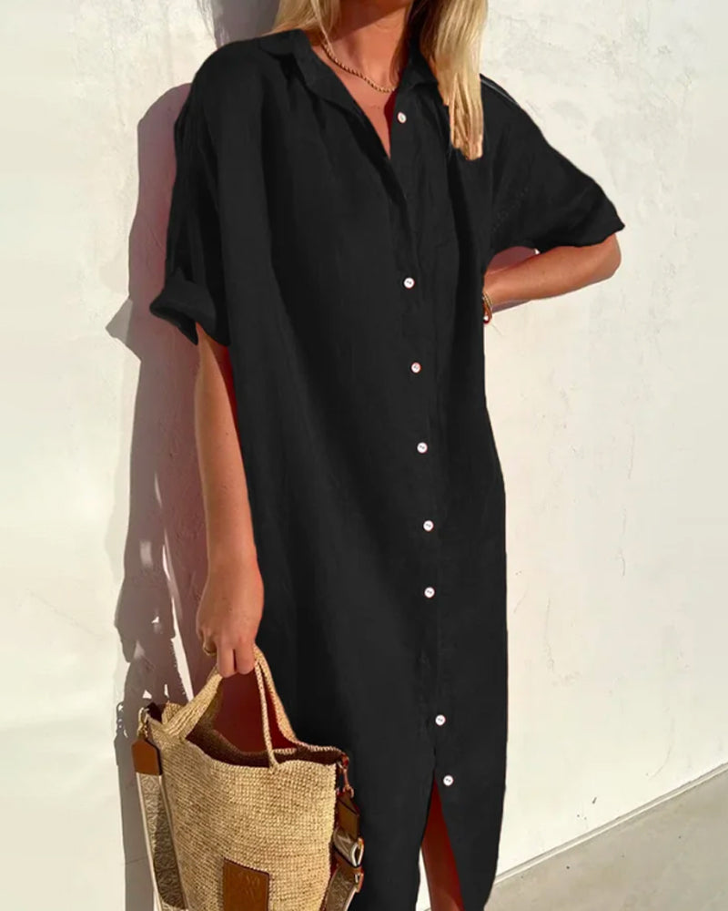 Collared Short Sleeve Button Front Oversized Relaxed Midi Dress - View 2