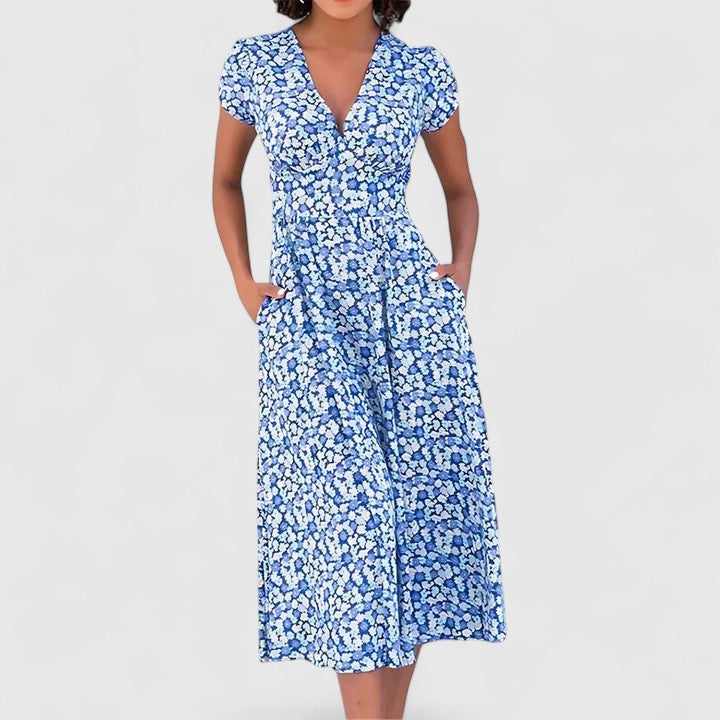 Ditsy Floral V-Neck Short Sleeve Pocket Midi Dress
