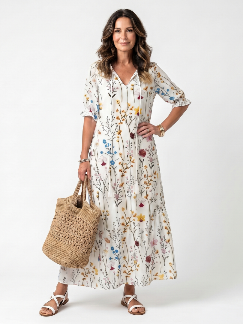 Floral Print V-Neck Puff Sleeve Tiered Maxi Dress