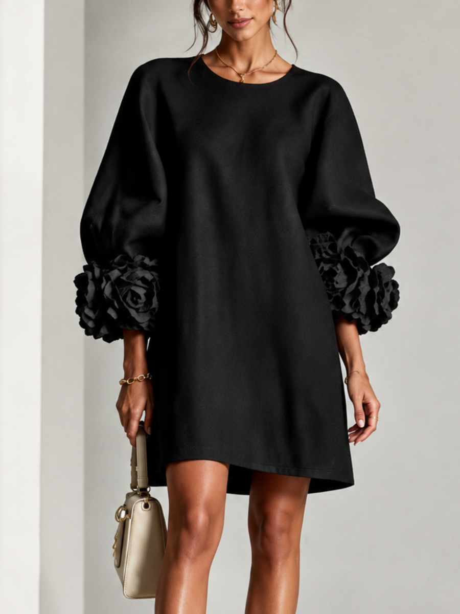 Round Neck Lantern Sleeve 3D Floral Cuff Mini Dress 2