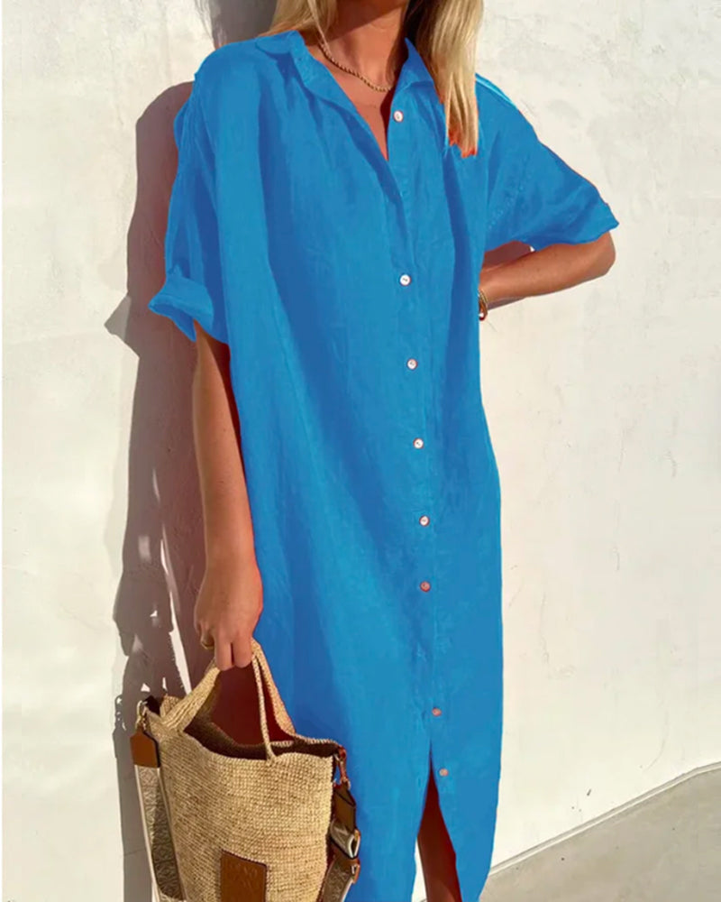 Collared Short Sleeve Button Front Oversized Relaxed Midi Dress - View 3