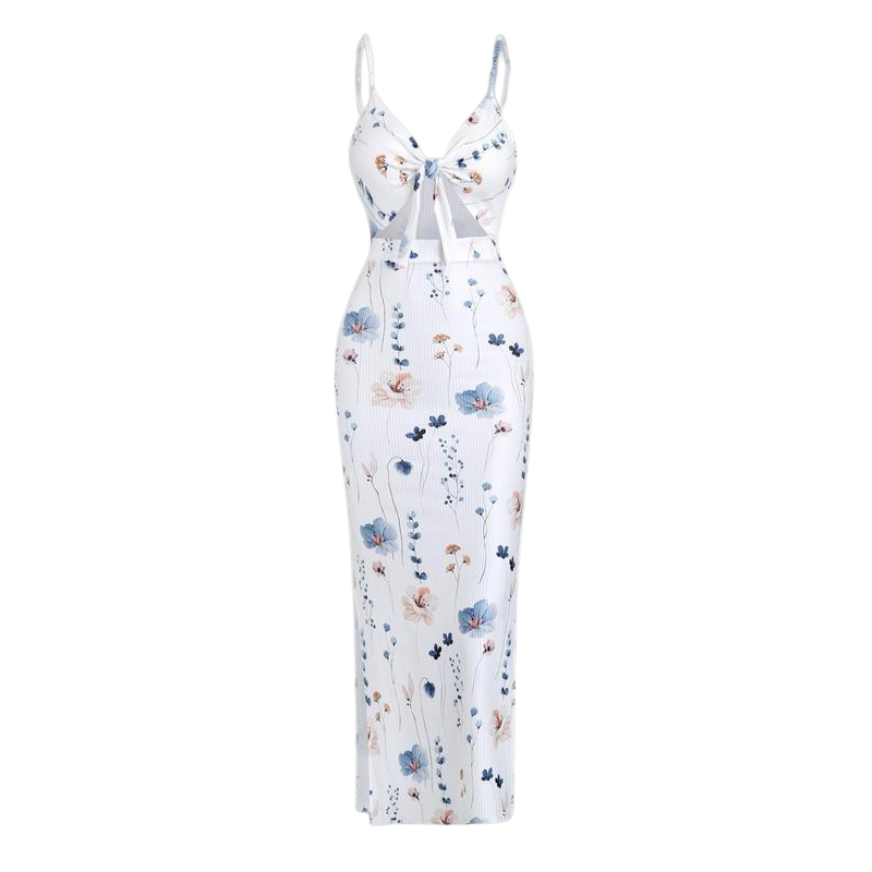 Ribbed Knot Front Cut Out Spaghetti Strap Split Maxi Dress 9