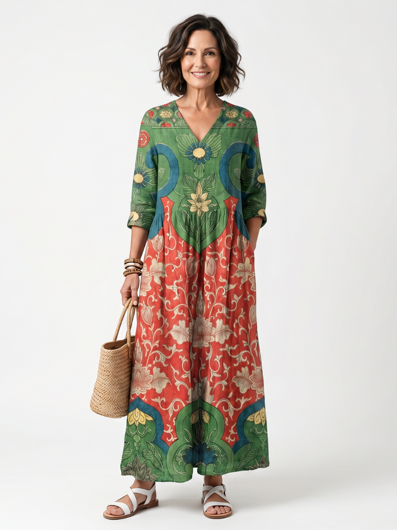 Mixed Print V-Neck Pocket Maxi Dress
