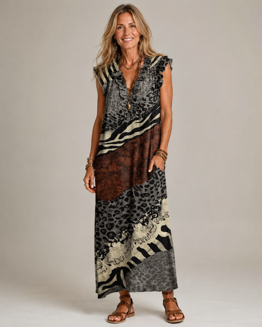 Mixed Animal Print V-Neck Ruffle Sleeveless Maxi Dress
