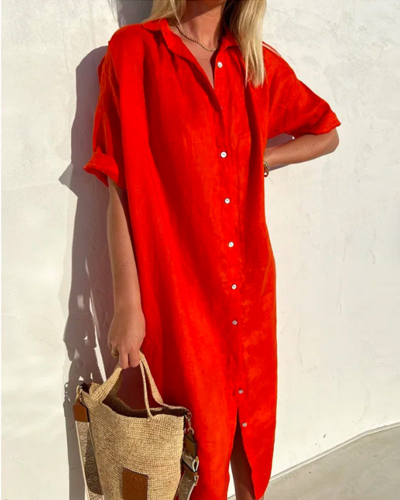Collared Short Sleeve Button Front Oversized Relaxed Midi Dress
