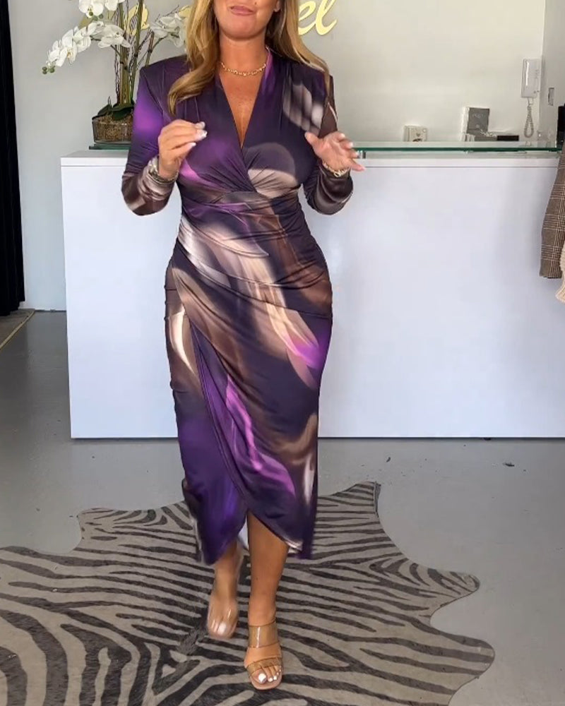 Marble Print Wrap V-Neck Long Sleeve Ruched Wrap Slit Midi Dress - View 2