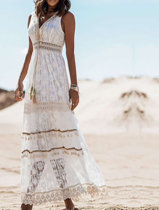 Lace Deep V-Neck Crochet Trim Empire Waist Tiered Maxi Dress - View 3
