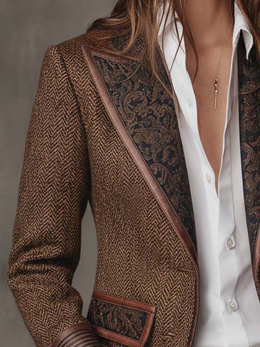Herringbone Paisley Panel Faux Leather Trim Blazer 5