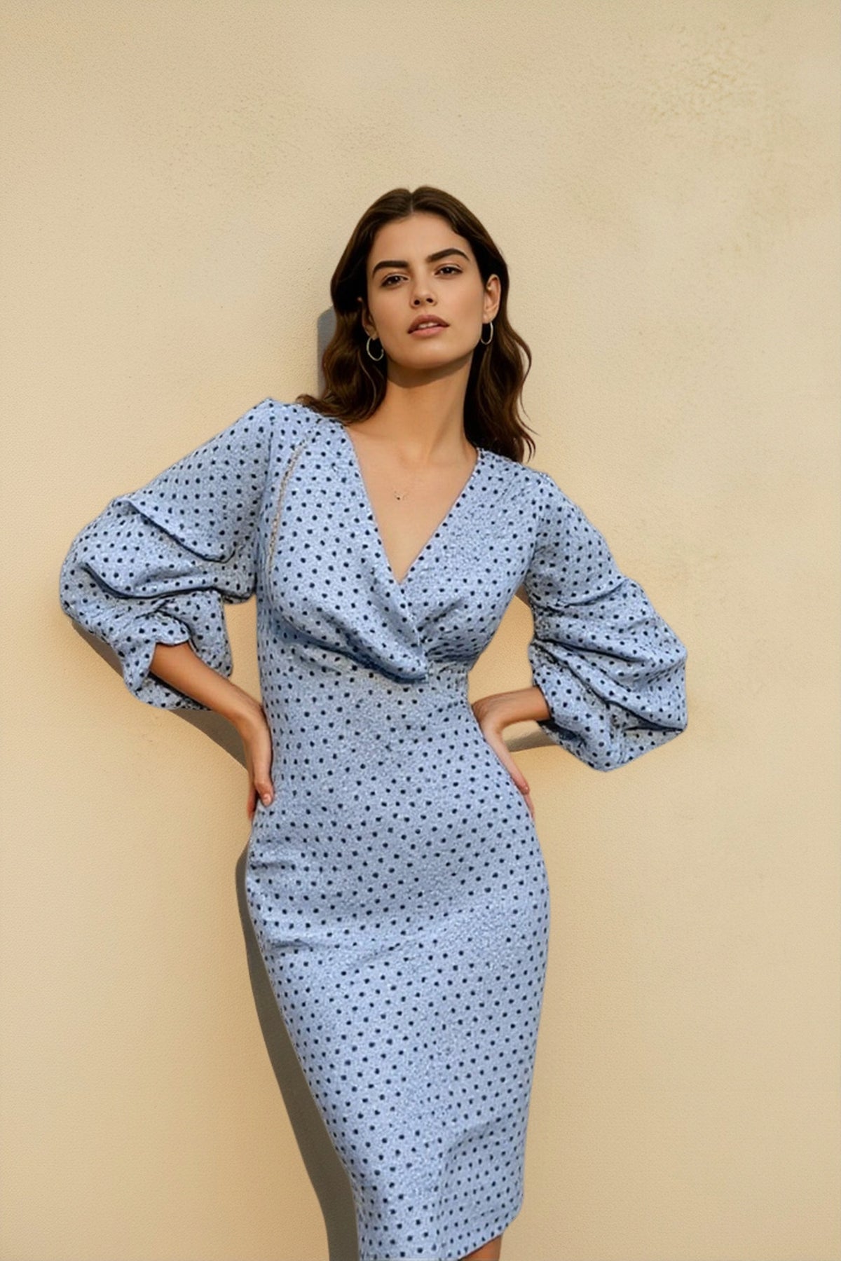 Polka Dot Surplice V-Neck Puff Sleeve Bodycon Midi Party Dress