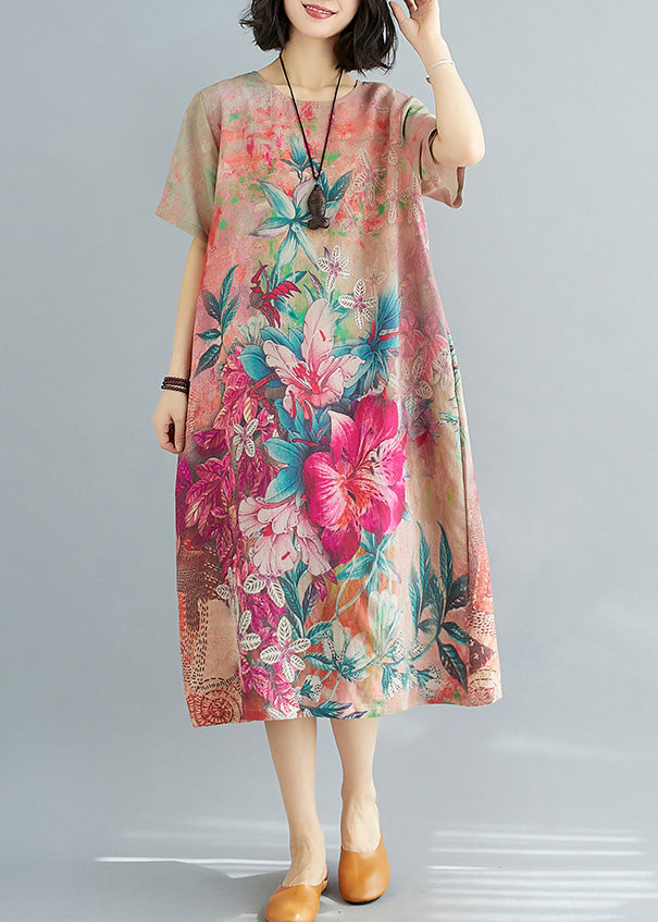 Floral Print Crew Neck Short Sleeve Pocket Oversized Midi Dress - View 3