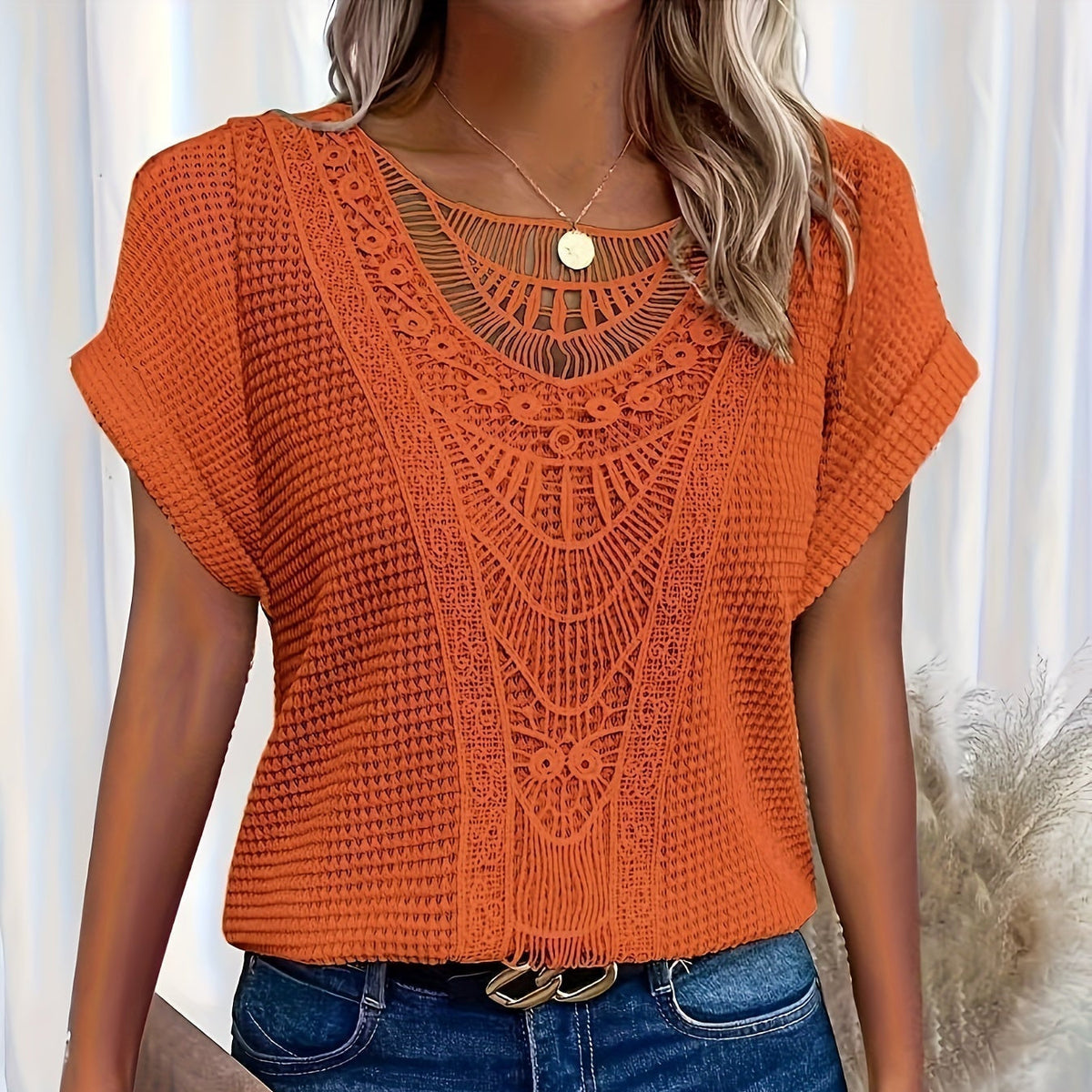 Crochet Lace Panel Round Neck Short Sleeve Waffle Knit Top 4