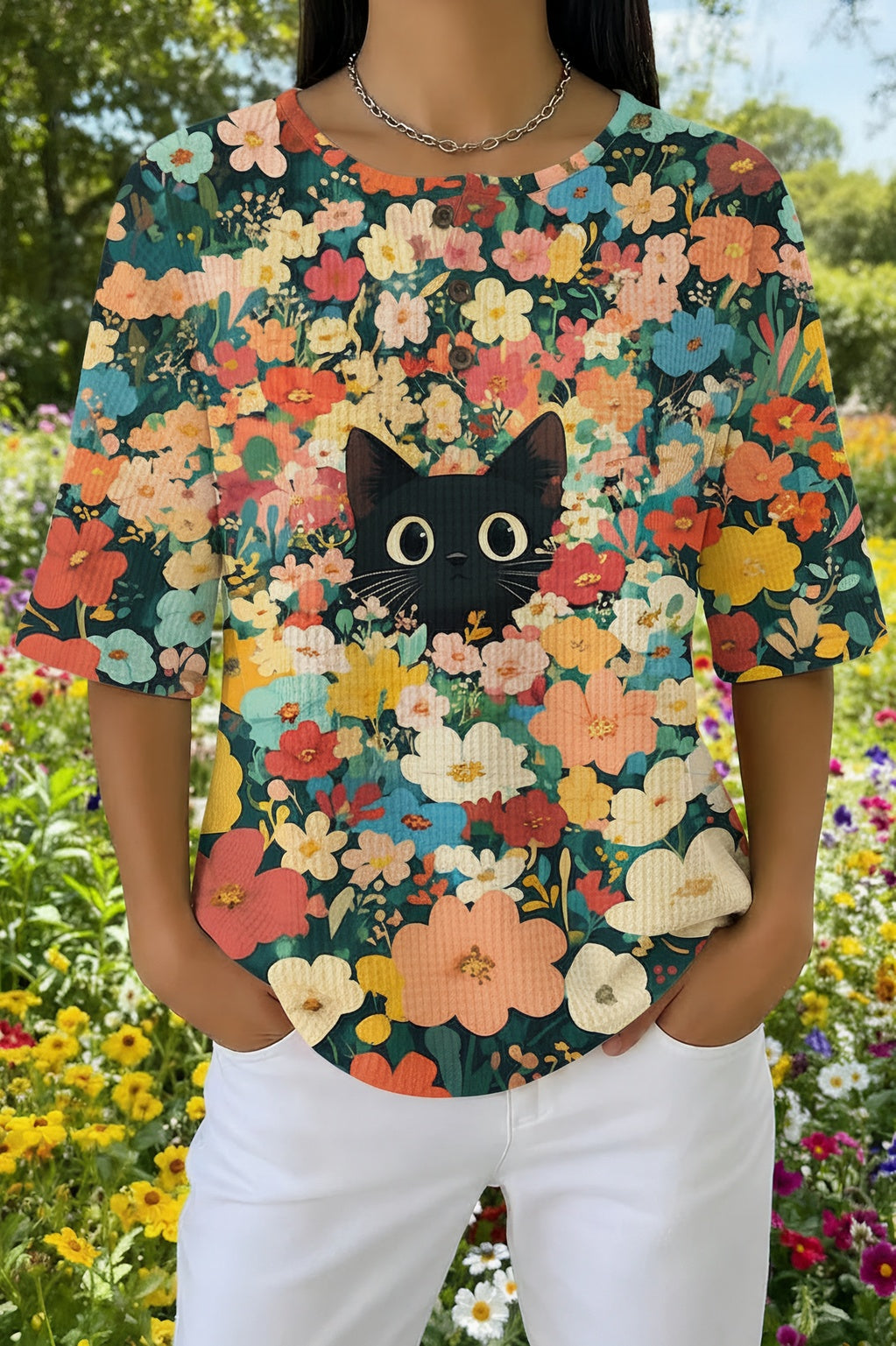 Button Neck Short Sleeve Wildflower Cat Print Waffle Top