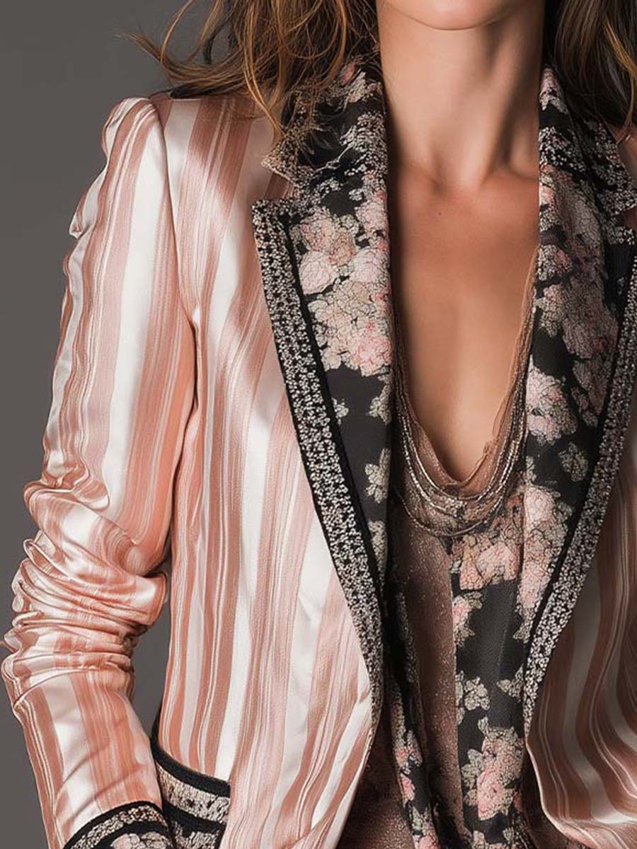 Striped Satin Floral Contrast Lapel Blazer 2