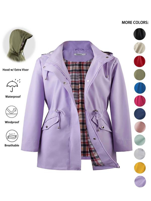 Hooded Zip Front Drawstring Waist Rain Jacket 12