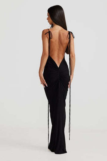 Cowl Neck Spaghetti Strap Backless Ruched Bodycon Maxi Dress - View 4