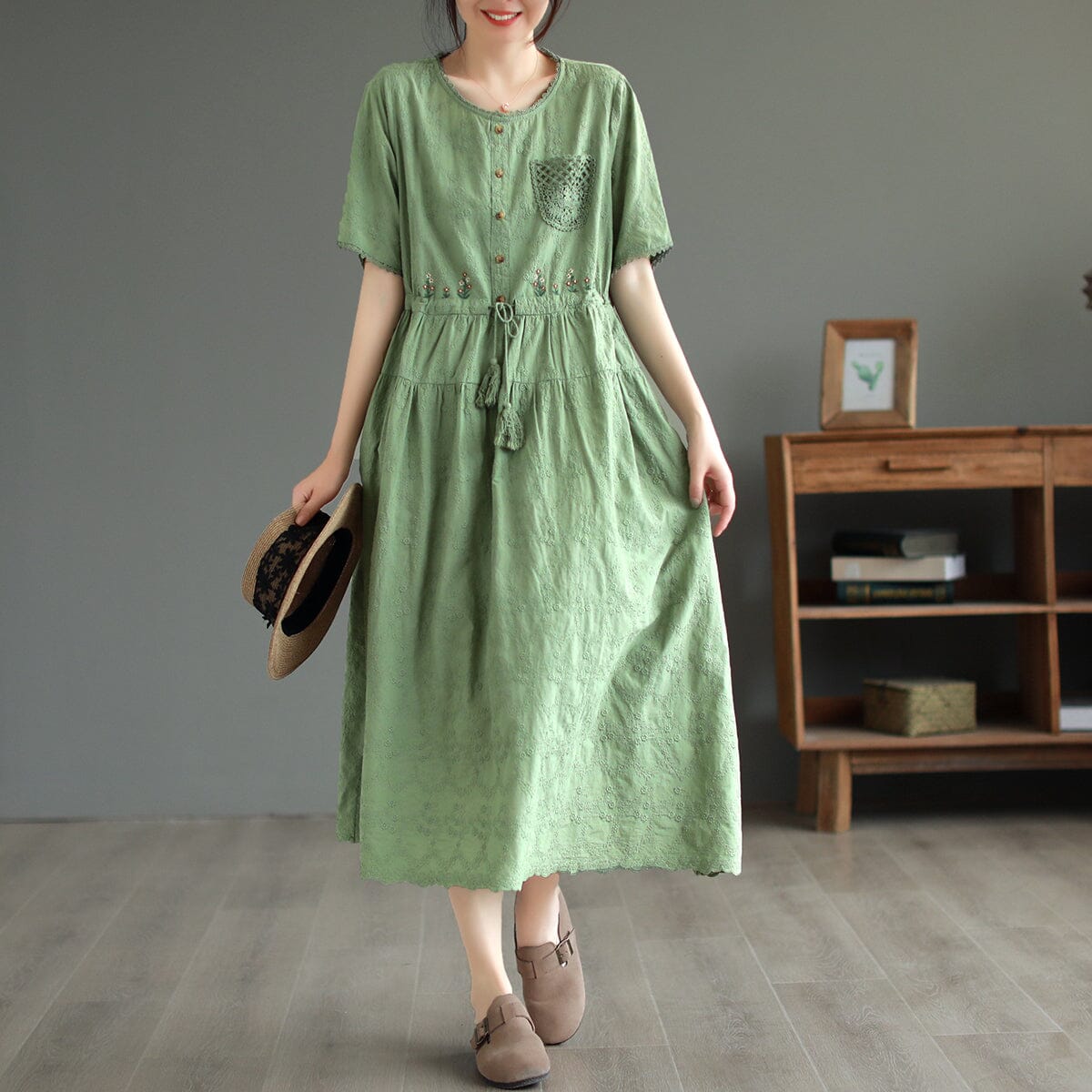 Embroidered Floral Scallop Trim Button Front Midi Dress - View 5