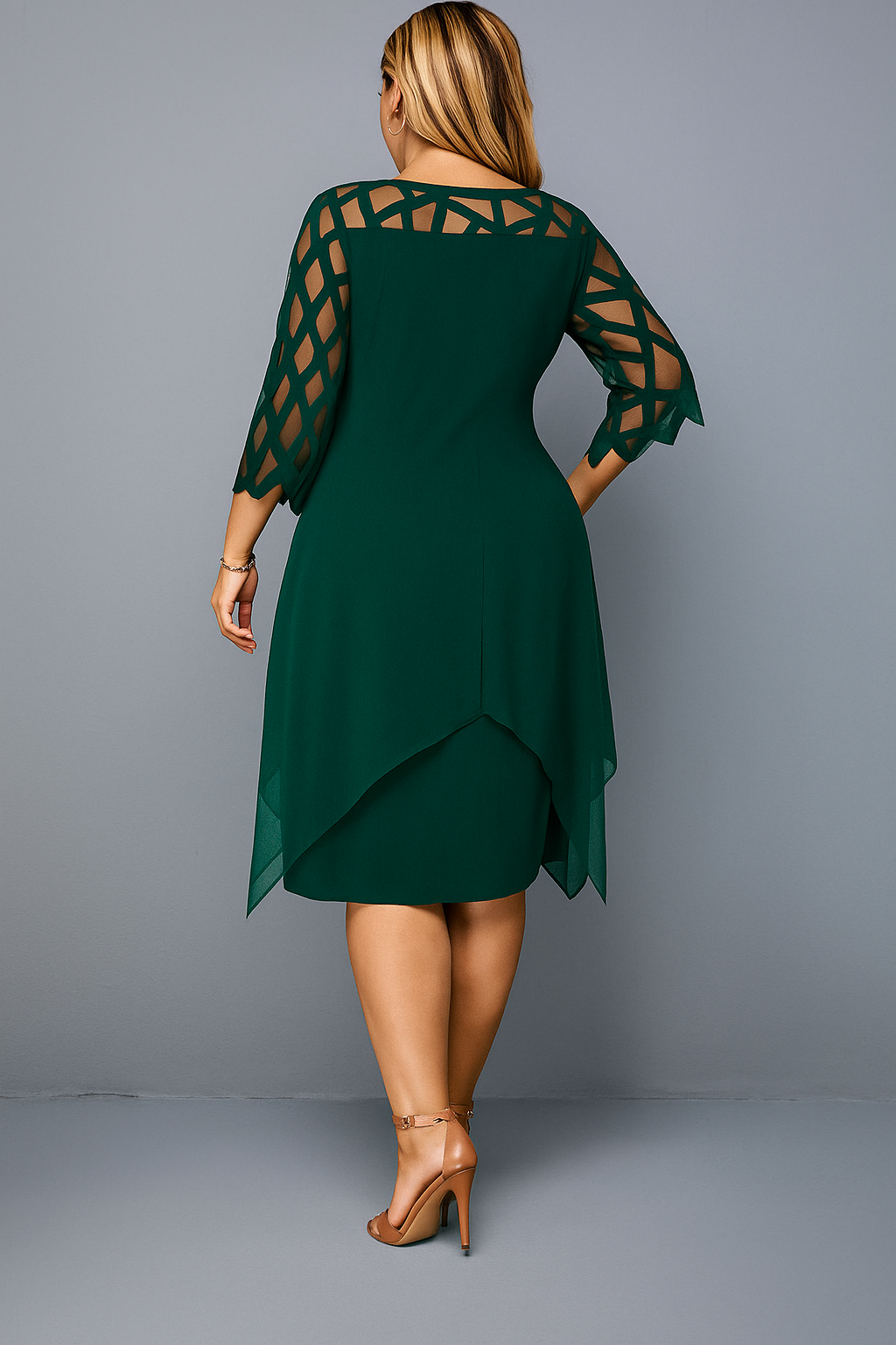 Lattice Cutout Yoke Chiffon Overlay Handkerchief Hem Dress 4