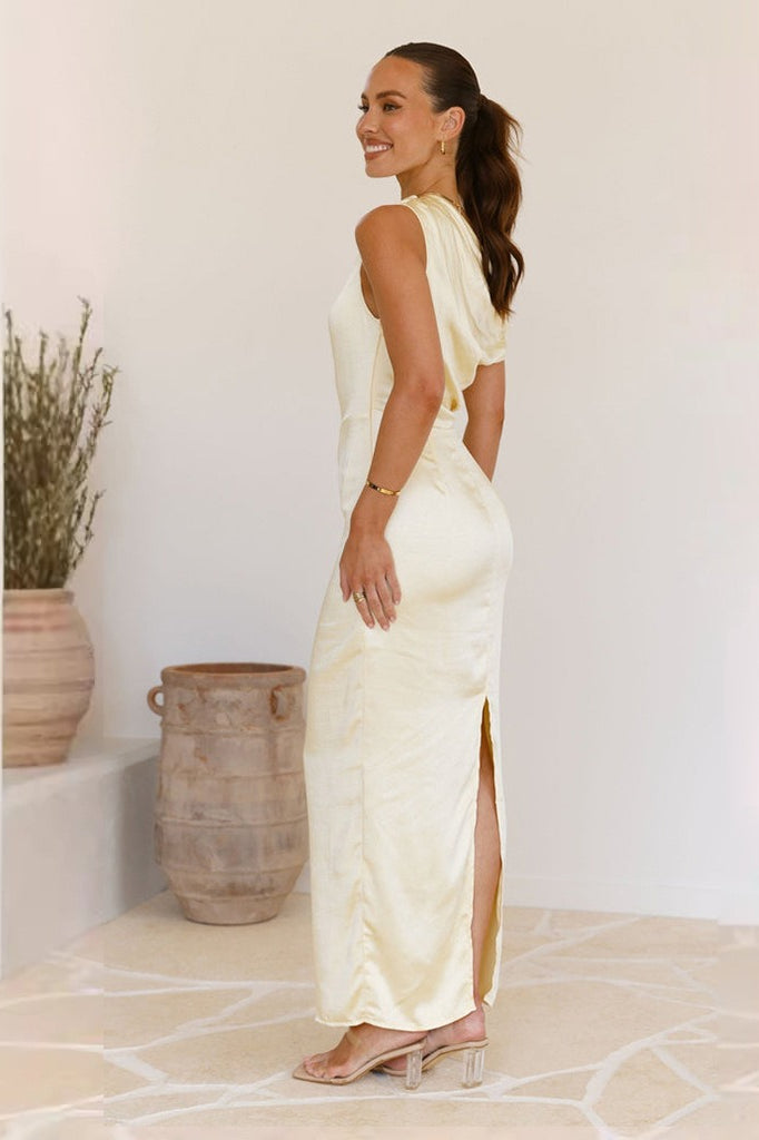 Satin One Shoulder Draped Column Maxi Dress - View 21