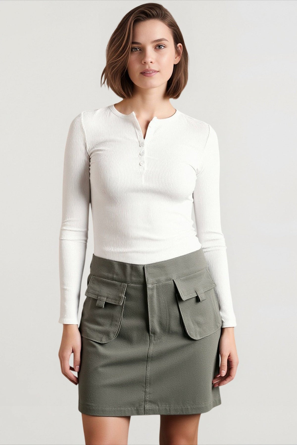 Deep V-Neck Ribbed Long Sleeve Top