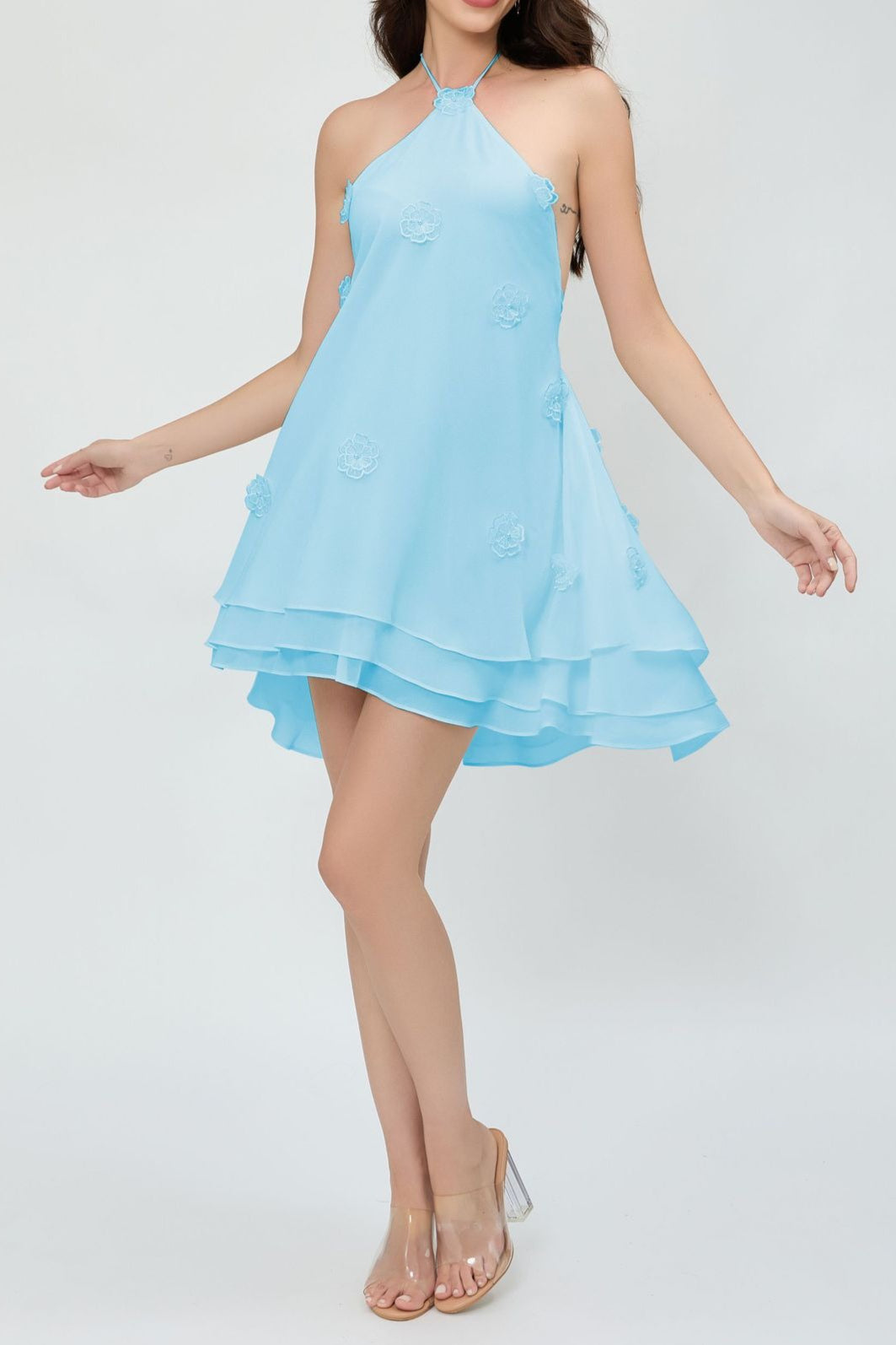 Halter Neck 3D Floral Tiered Ruffle Swing Mini Dress - View 11