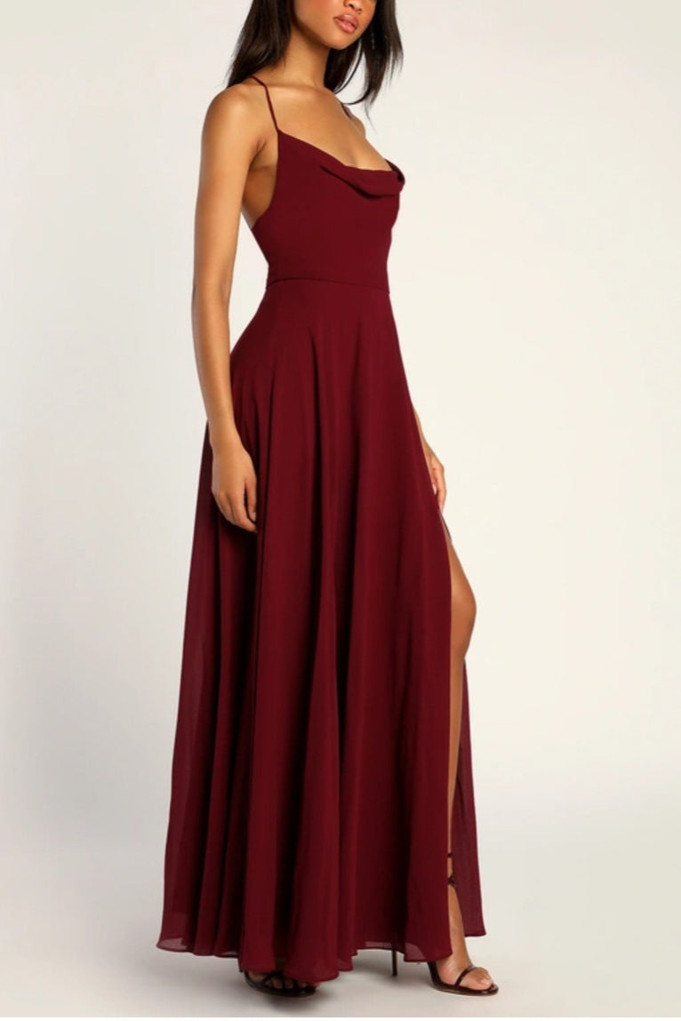 Chiffon Cowl Neck Lace Up Back High Split Maxi Dress - View 3