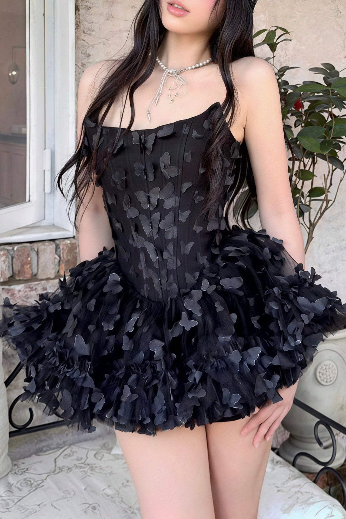 Strapless Corset Butterfly Appliqué Tulle Ruffle Mini Dress - View 11