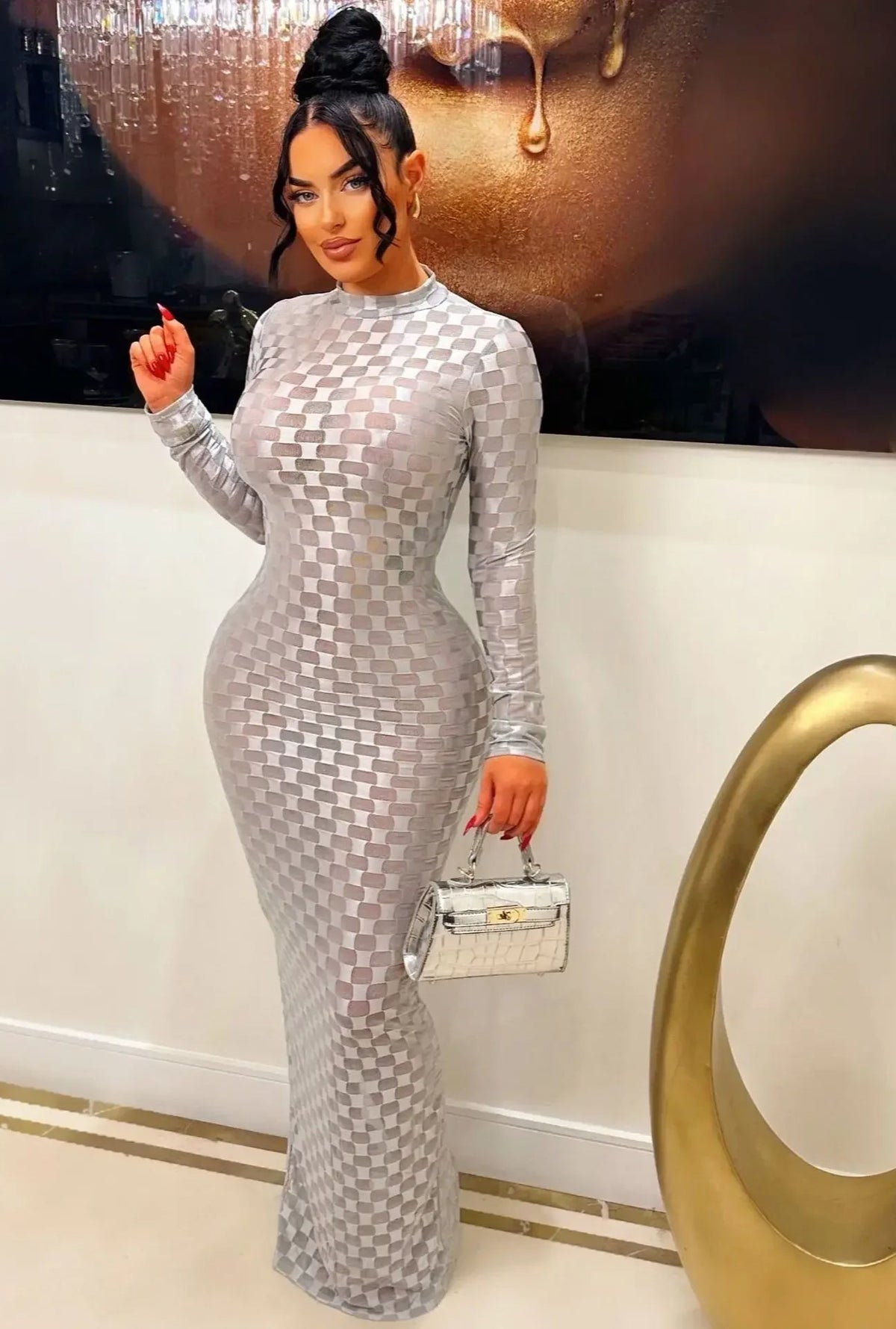 Plaid Mesh Bodycon Maxi Dress - View 2