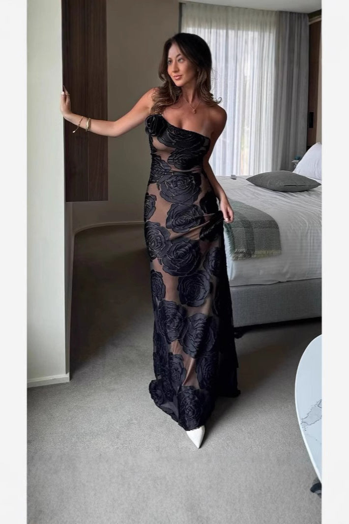 Floral Rosette One Shoulder Mesh Mermaid Gown - View 4