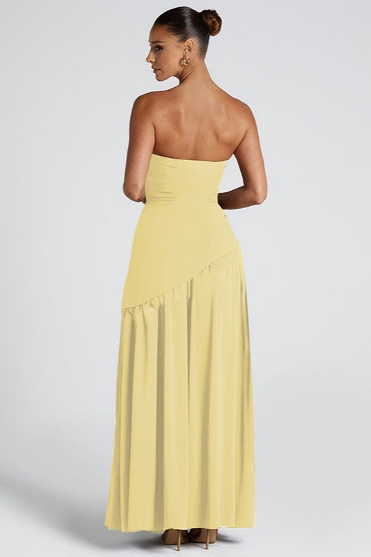 Strapless Bandeau Diagonal Seam Pleated Tier Maxi Gown - View 5