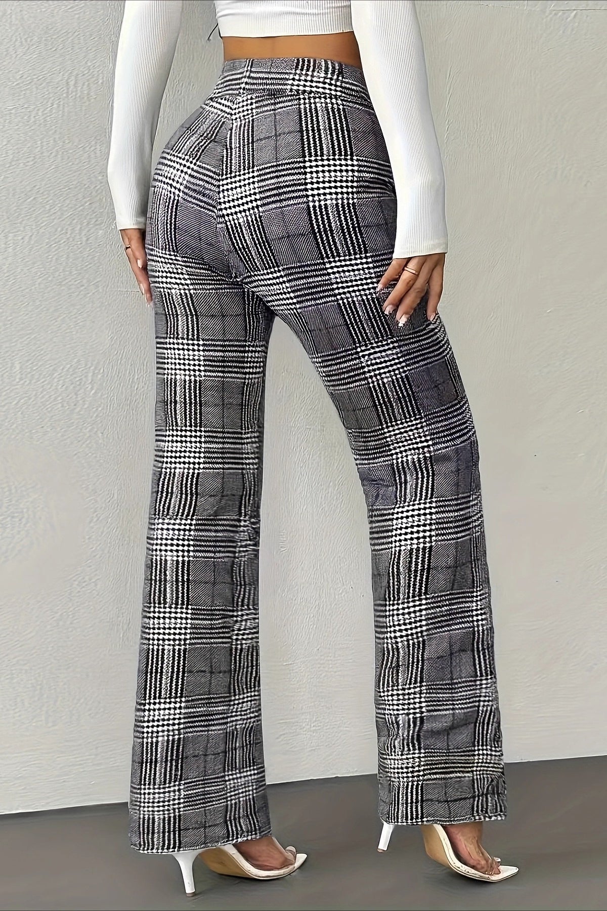 Houndstooth High Waist Slim Wool Wide Leg Pants