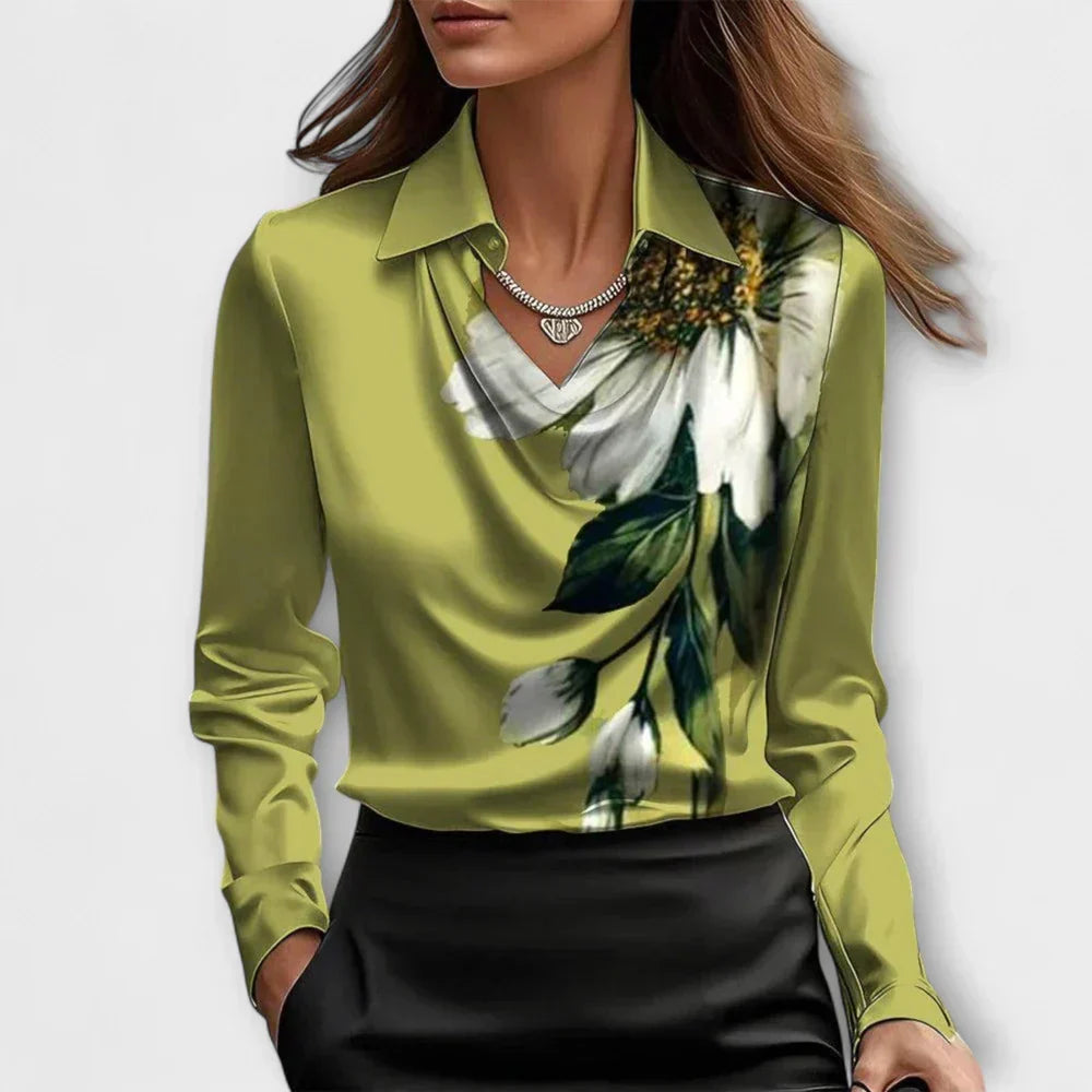 Draped Cowl Neck Long Sleeve Satin Blouse 7
