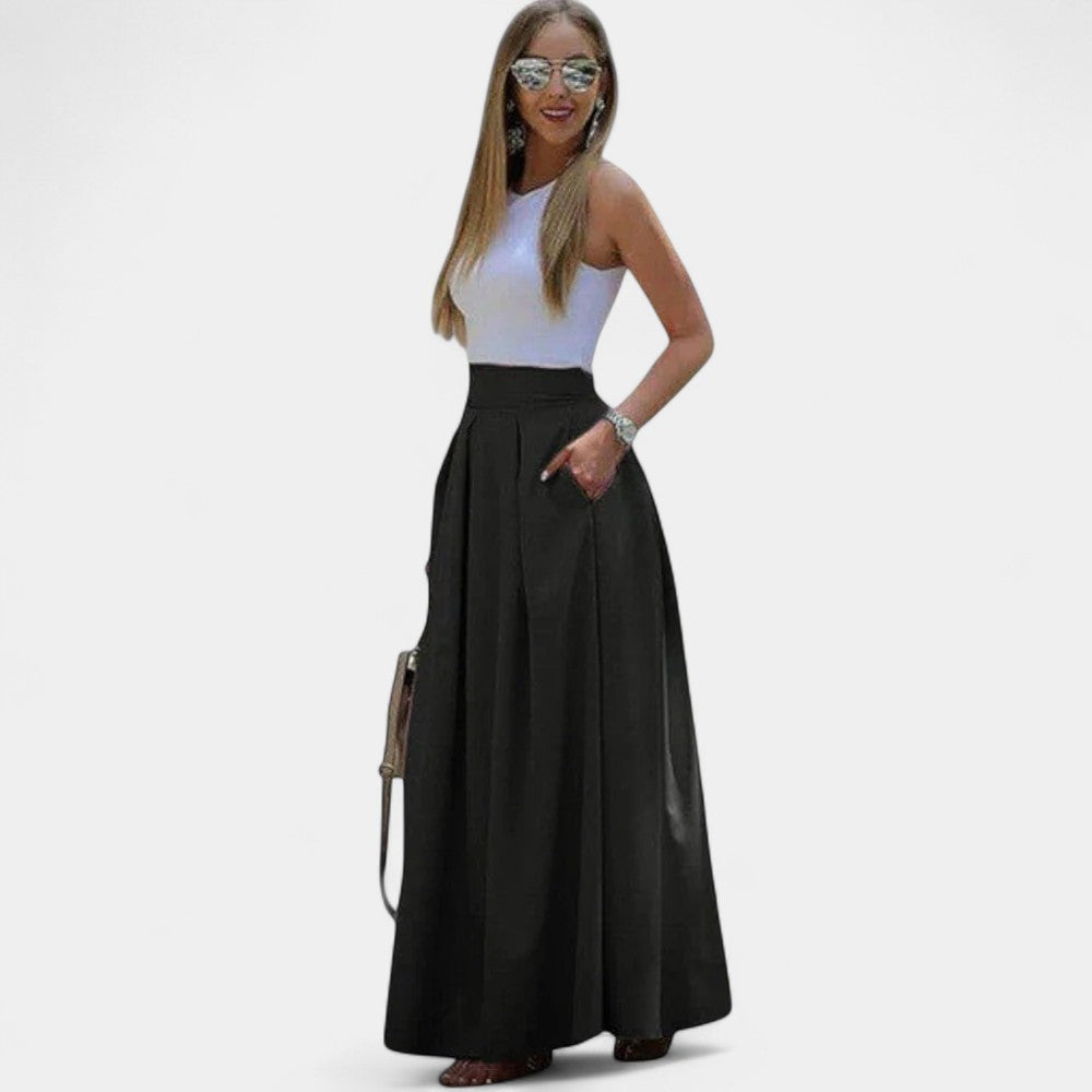 High Waist Pleated Pocket Flared Maxi Skirt 2