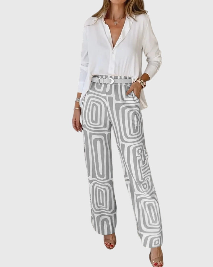Long Sleeve Shirt and Geometric Print Wide Leg Pants Two Piece Set 5