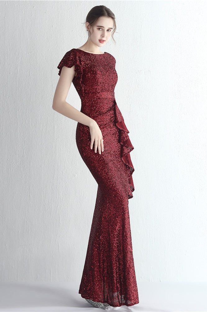 Sequin High Neck Cap Sleeve Ruffle High Split Mermaid Gown - View 9