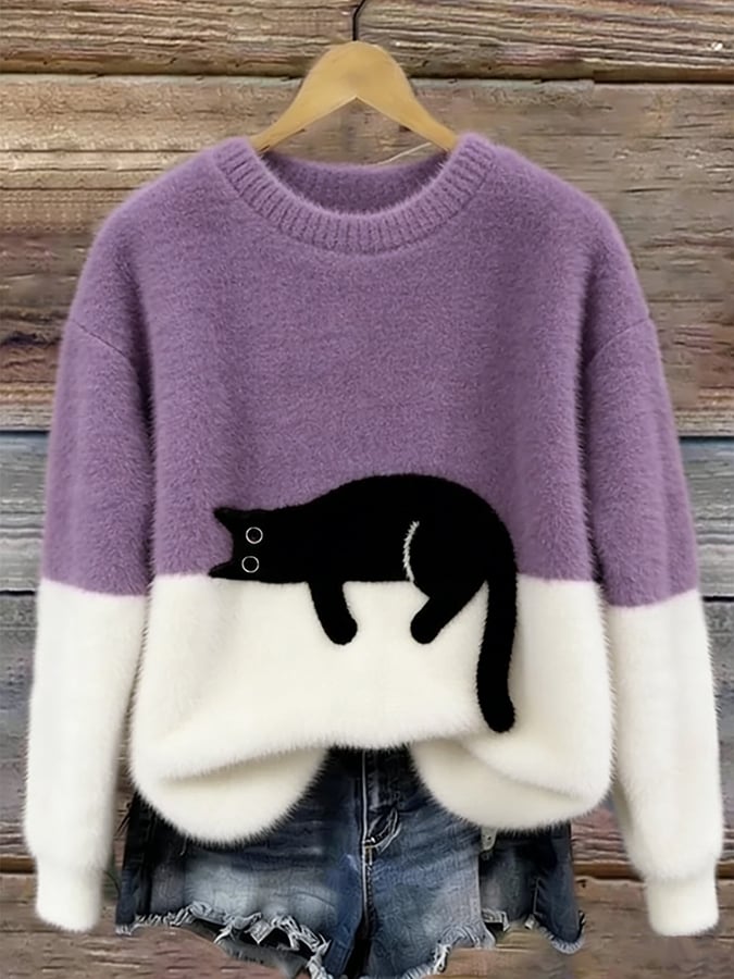 Cat Print Colorblock Crew Neck Fuzzy Sweater 10