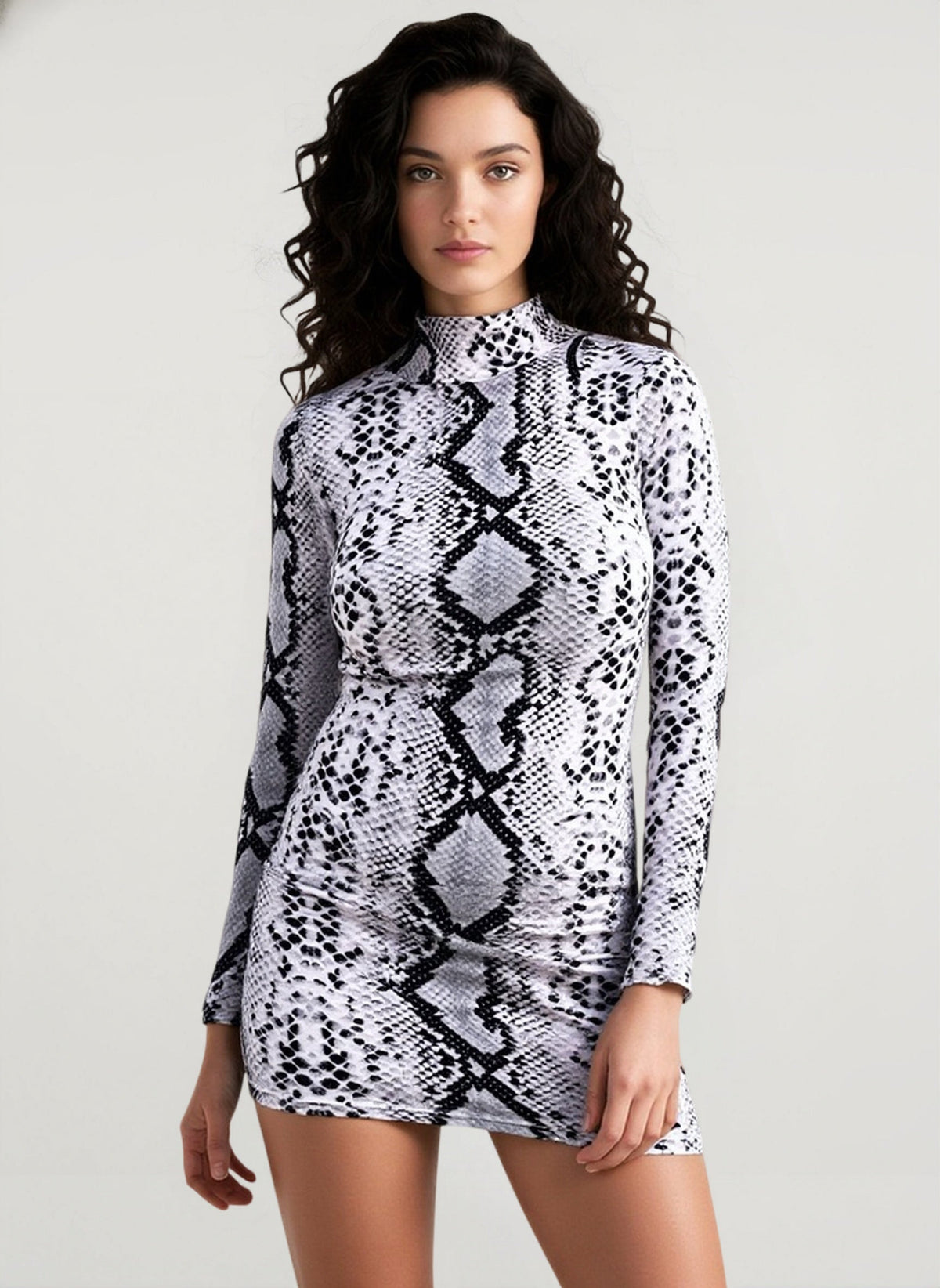 Snake Print High Neck Long Sleeve Bodycon Mini Dress