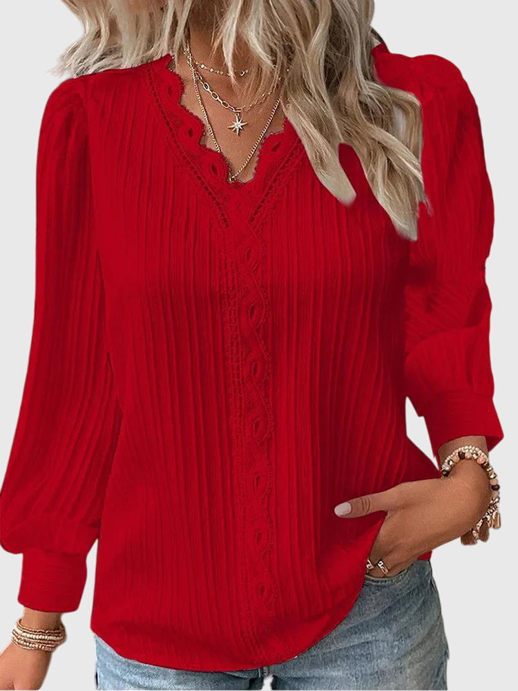 V-Neck Long Sleeve Lace Trim Pleated Blouse 7