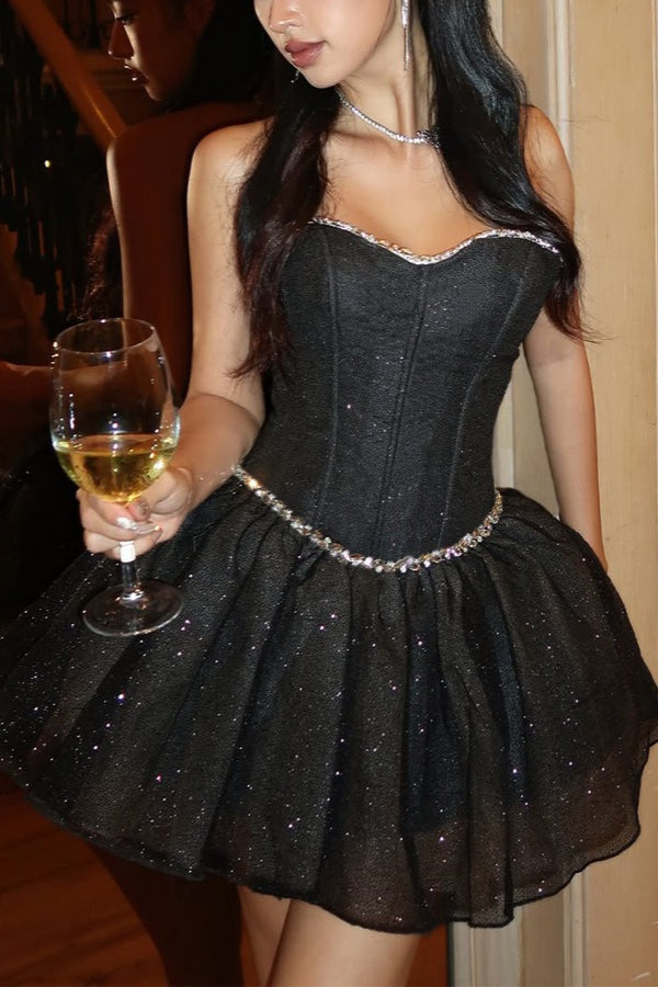 Strapless Sweetheart Corset Rhinestone Tulle Puffball Mini Dress