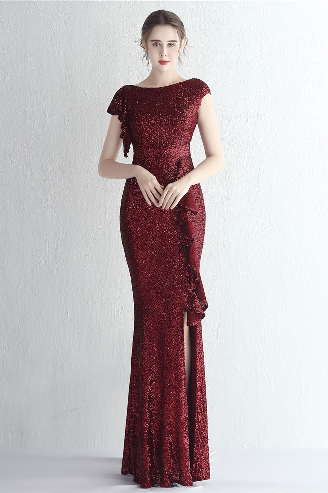 Sequin High Neck Cap Sleeve Ruffle High Split Mermaid Gown - View 7