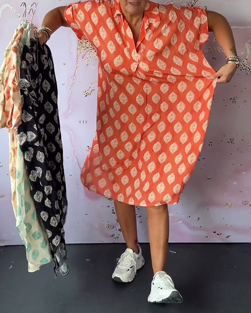 Geometric Print Short Sleeve Lapel Collar Midi Shirt Dress - View 3