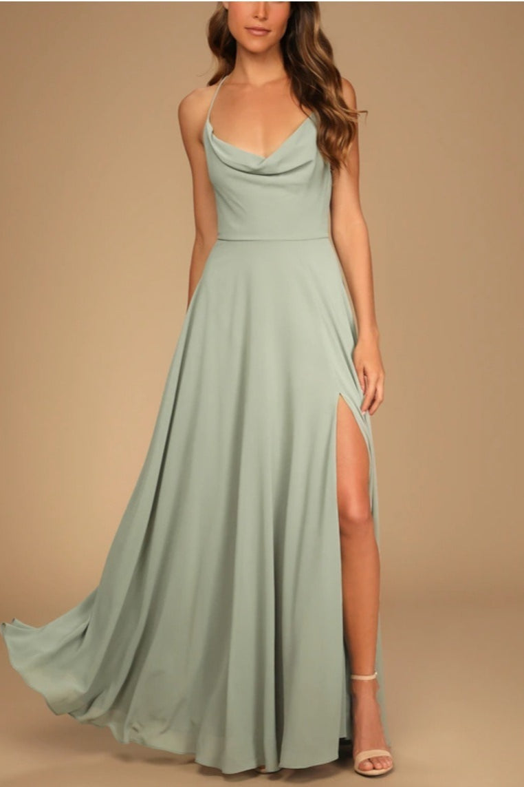 Chiffon Cowl Neck Lace Up Back High Split Maxi Dress - View 6