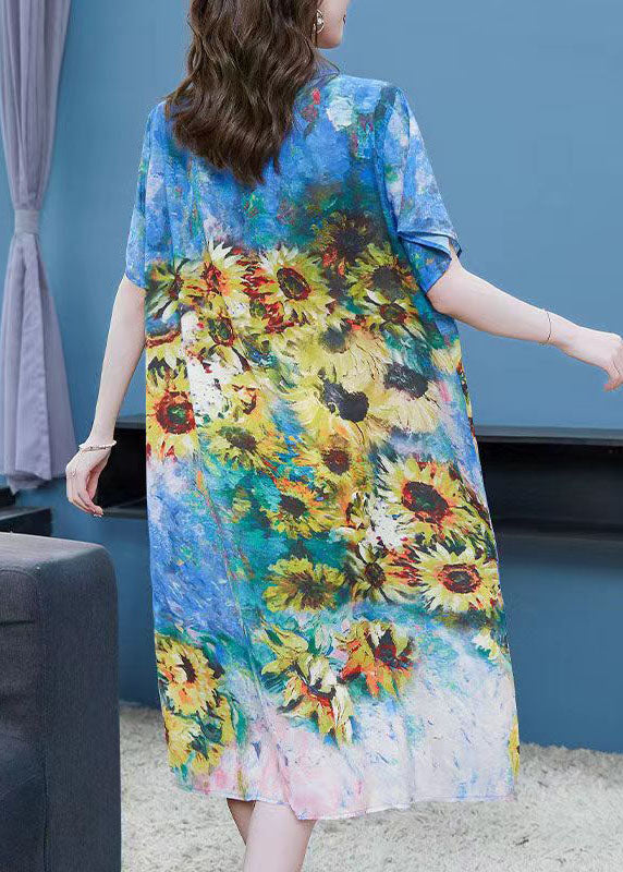 Sunflower Art Print Round Neck Short Sleeve Midi Shift Dress - View 4