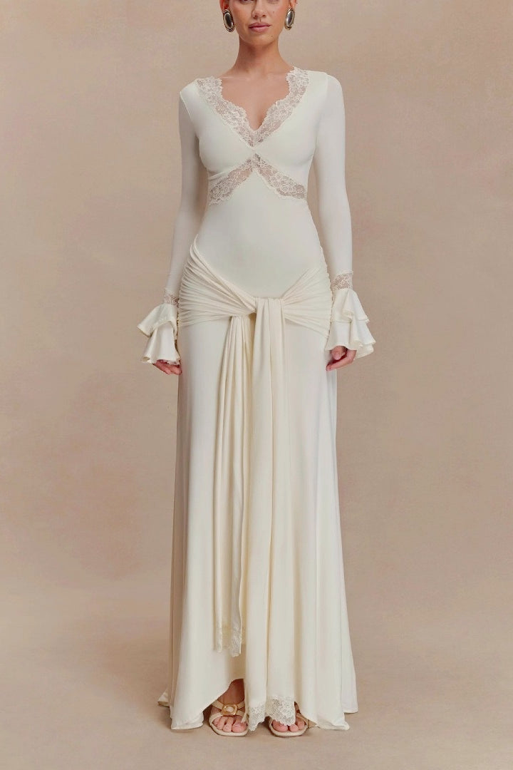 Off Shoulder Bell Sleeve Lace Trim Wrap Mermaid Maxi Dress - View 4