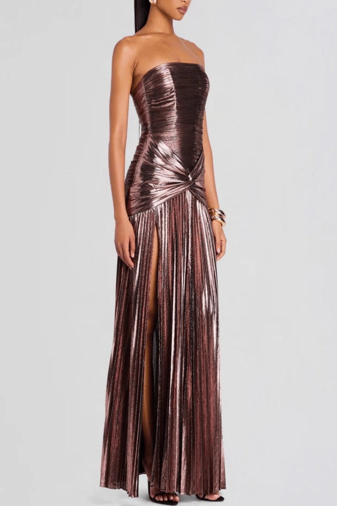 Metallic Strapless Ruched High Split Bodycon Formal Mini Dress - View 2