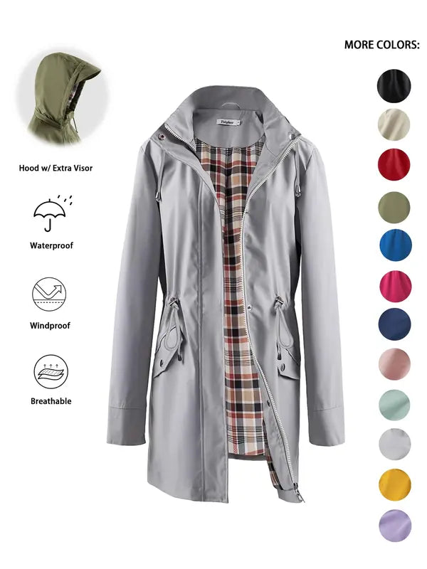 Hooded Drawstring Waist Waterproof Rain Trench Coat 4