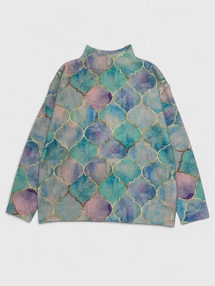 Turtleneck Moroccan Tile Print Long Sleeve Knit Sweater 5
